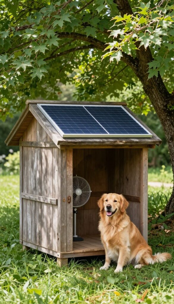 Solar-powered air-conditioned dog house with fan in a shaded backyard