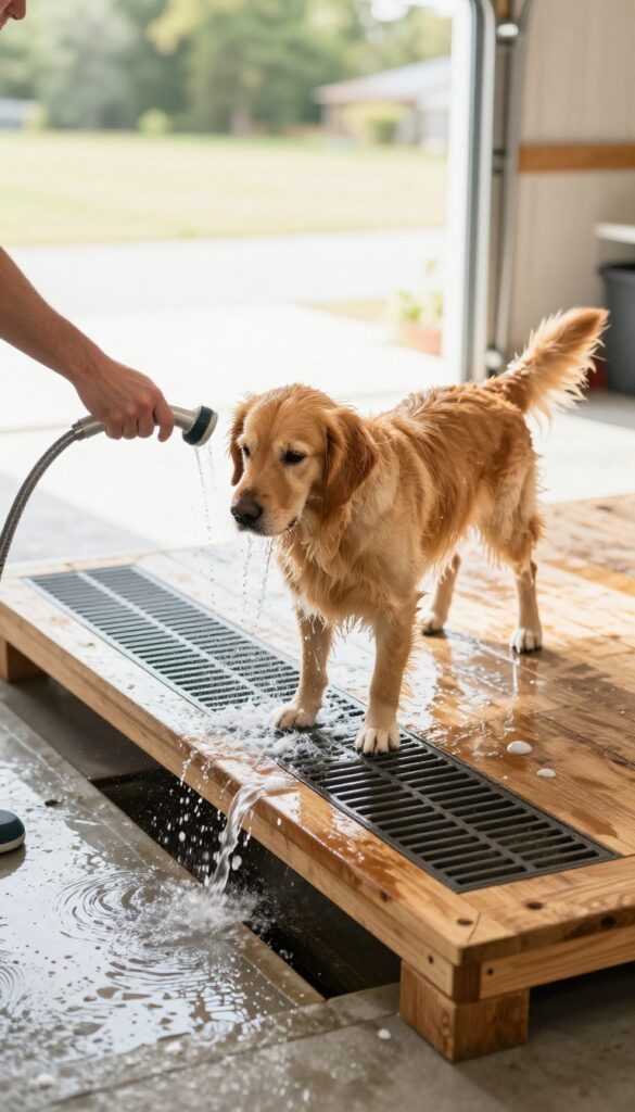 A raised wooden platform with a drainage grate in a garage, where a golden retriever is being bathed with a handheld showerhead, water draining through the grate.