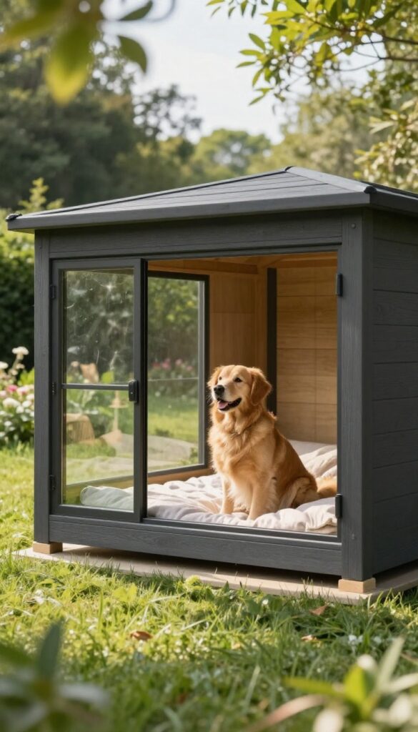 Modern glass-walled dog house in backyard with dog looking out
