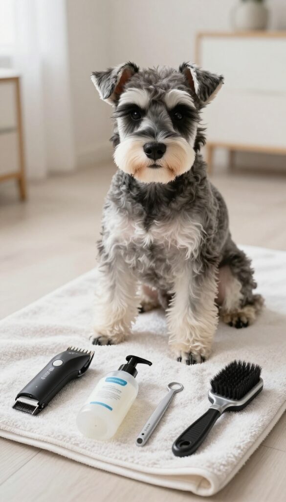 A Miniature Schnauzer with a groomed coat sits on a towel next to affordable grooming tools like clippers and shampoo in a bright, natural setting.