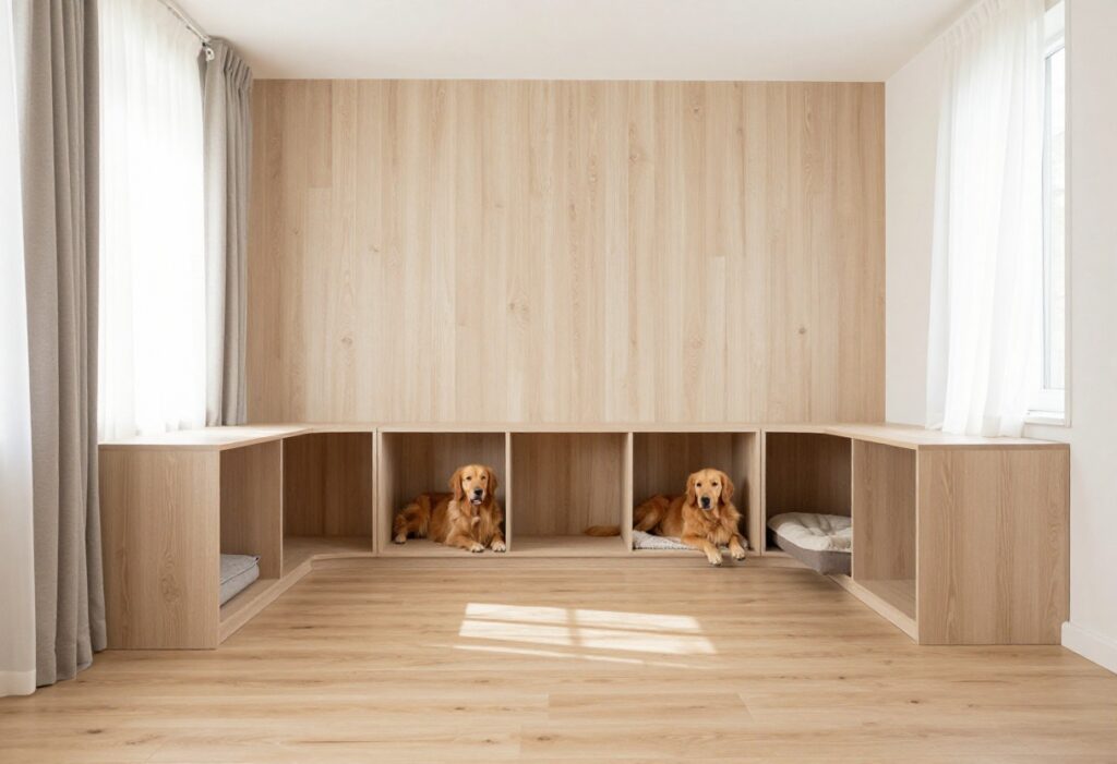 Dog resting in a built-in crate nook under stairs in a bright flex room