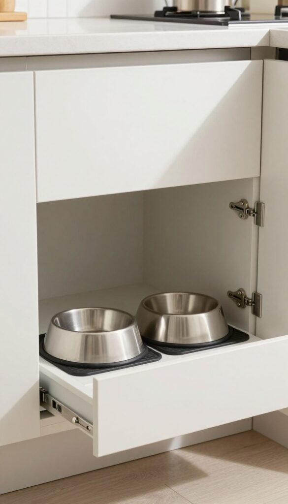 A hidden compartment in a kitchen cabinet with magnetic latches, showing dog bowls tucked away neatly for a tidy feeding solution.