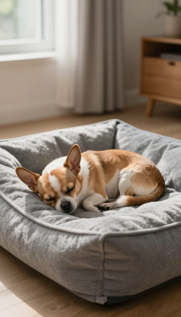 Small short-haired dog sleeping on a heated bed in a cozy living room