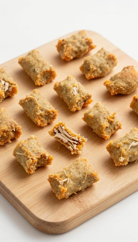 Homemade chicken and sweet potato training cubes for dogs, baked to a golden-brown finish, shown on a plain wooden surface in natural light.