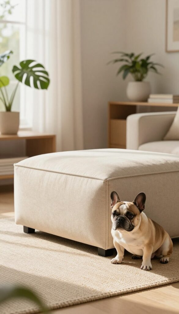Beige ottoman dog house with French Bulldog peeking out in bright modern living room