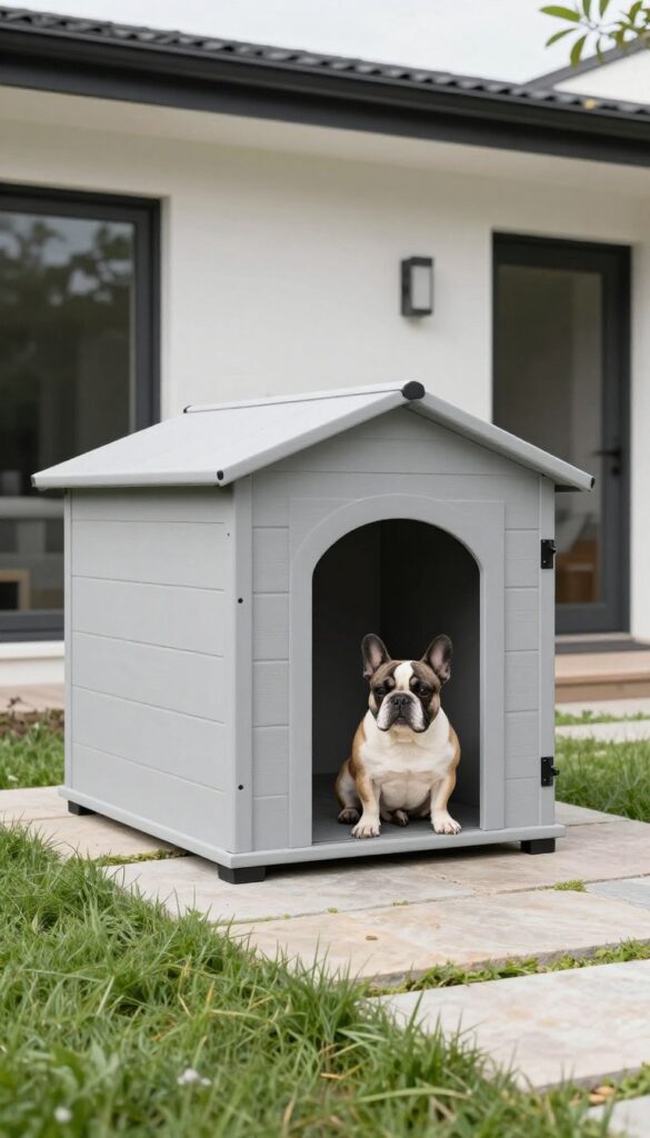 Modern minimalist dog house in backyard with French Bulldog