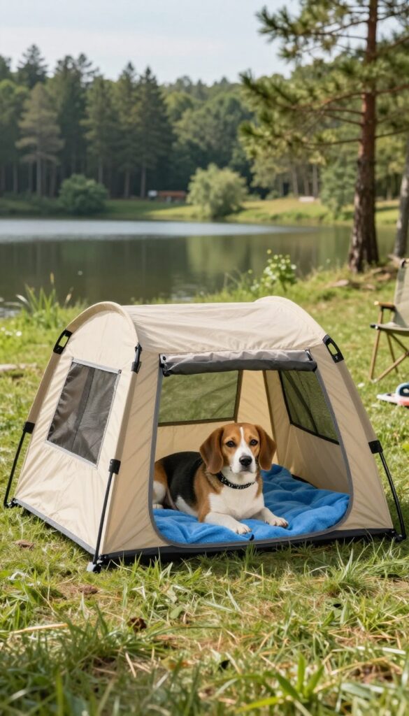 Small beagle resting in portable pop-up dog house at campsite near lake