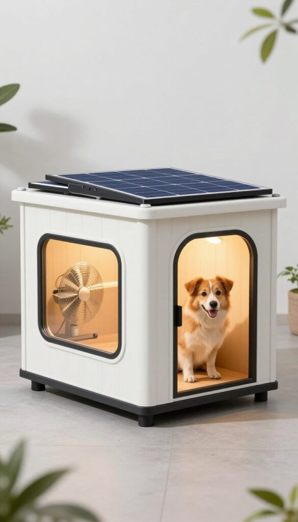 Solar-powered dog house with solar panel on roof, glowing LED light inside, and fan near door, with dog peeking out.