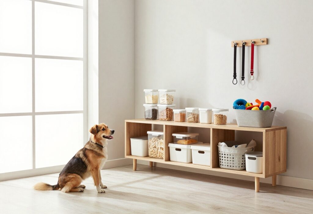 A dog in a tidy home with organized pet supplies on a shelf, showcasing storage solutions for food, toys, and gear.