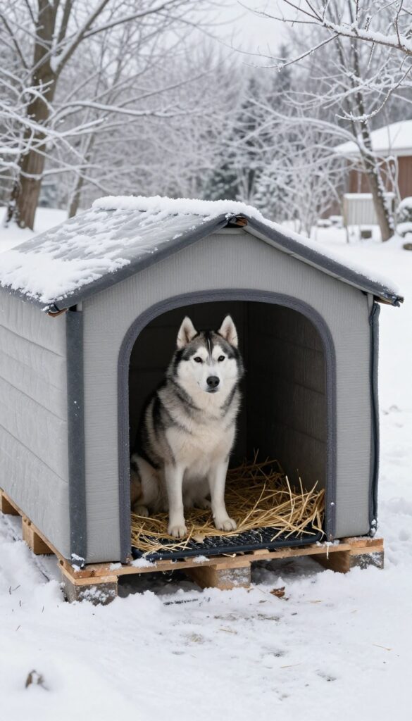 Insulated pallet dog house in snowy yard with Husky