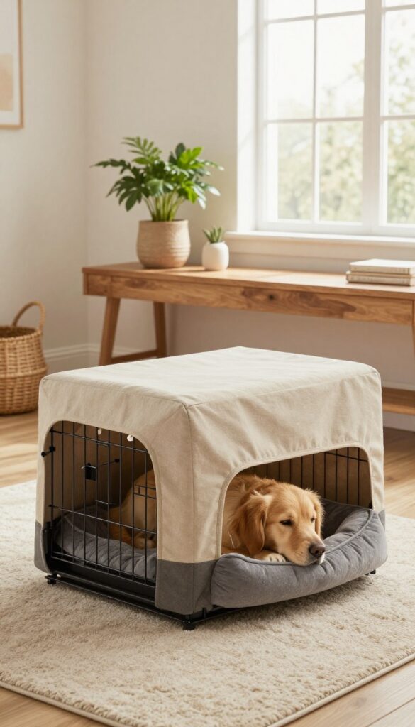 Cozy crate nook under console table with sleeping golden retriever