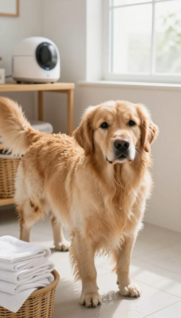 A golden retriever after a bath with towels and dryer ready for quick drying in a bright, tidy bathroom setting.