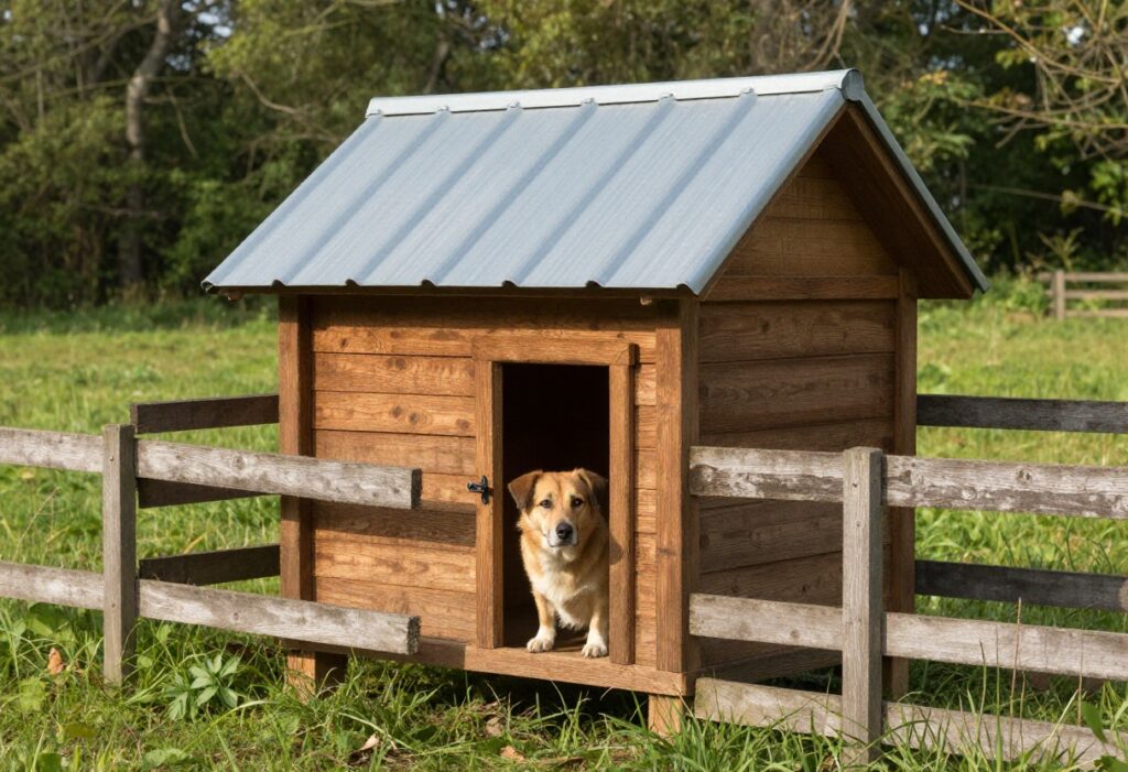 Rustic wooden farm dog house with metal roof in a grassy field