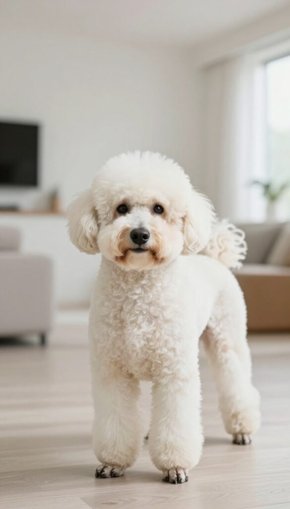 A poodle showcasing the Town and Country Clip grooming style in a natural light setting, ideal for versatile living.