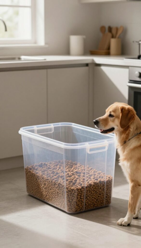 Large transparent dog food container on a kitchen counter with visible kibble level, natural lighting, and a dog nearby.