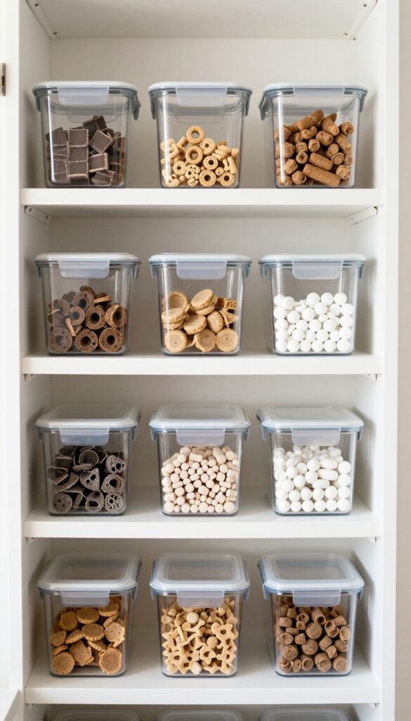 Clear airtight containers stacked on a pantry shelf, containing dog treats and medications for organized storage.
