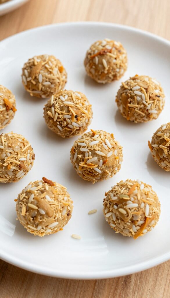 A close-up of soft, homemade chicken and rice mini balls for dogs, arranged on a plain plate, showcasing their texture and ingredients in bright natural light.