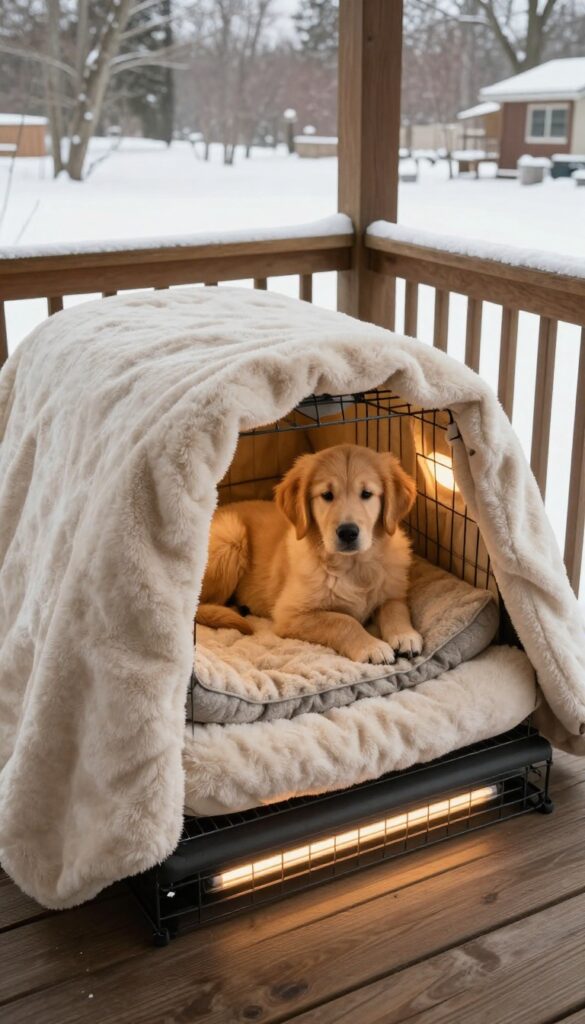 Heated dog crate on covered porch with cozy bedding and warm glow