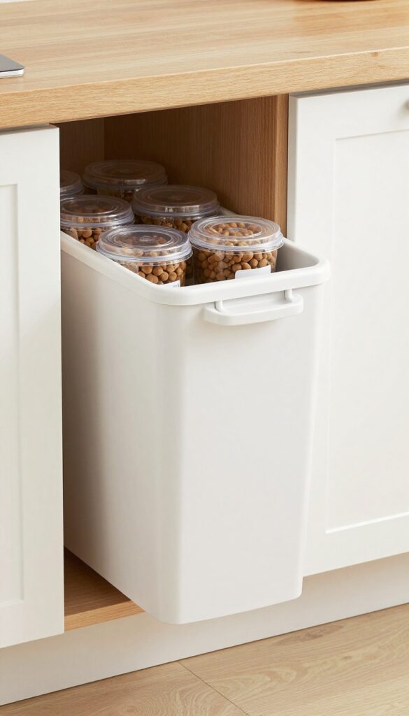 Under-cabinet pull-out bin storing dog food in a modern kitchen, showcasing efficient storage for pet owners.