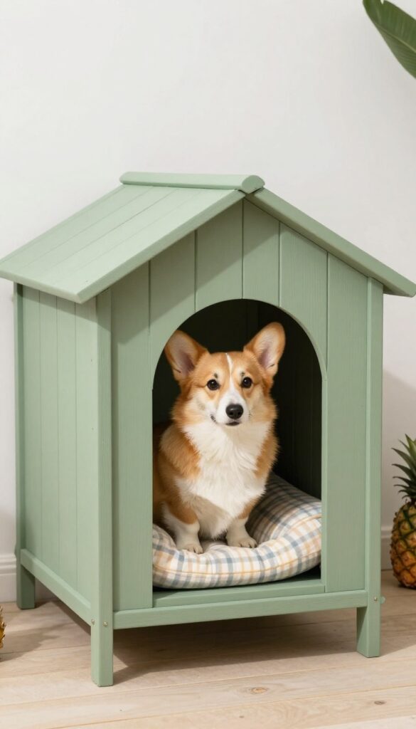 Repurposed wooden side table dog house on patio with small dog inside