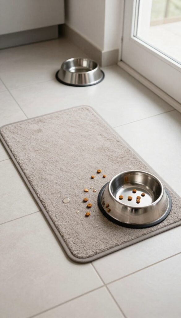 Dog feeding area with a washable mat under two stainless steel bowls, catching water drips and kibble, keeping tile floor clean and dry.