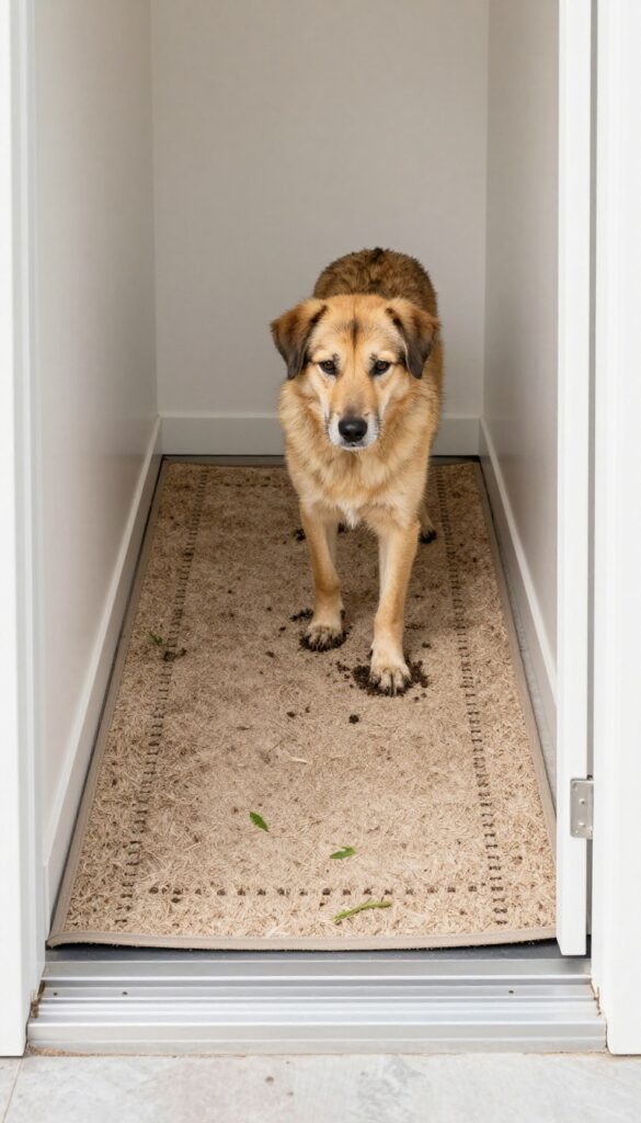 Washable outdoor mat at dog house entrance catching mud and fur