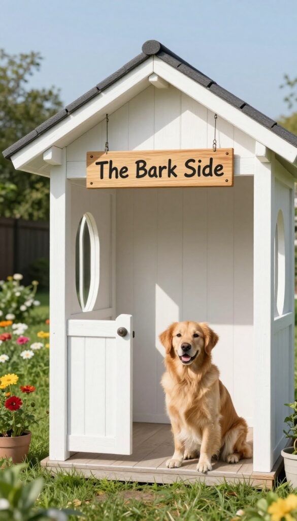 A wooden dog house with a custom sign reading 'The Bark Side' and a golden retriever sitting beside it in a sunny backyard.