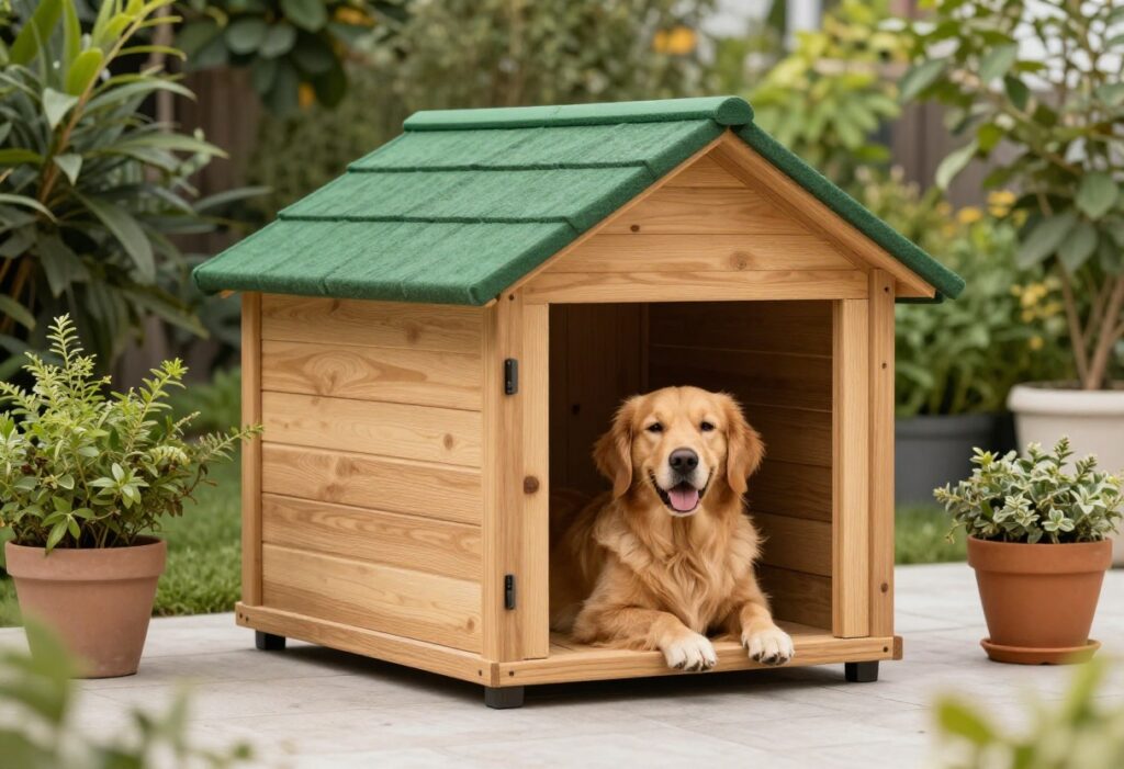 A golden retriever relaxing on the porch of a built-in wooden dog house in a backyard.