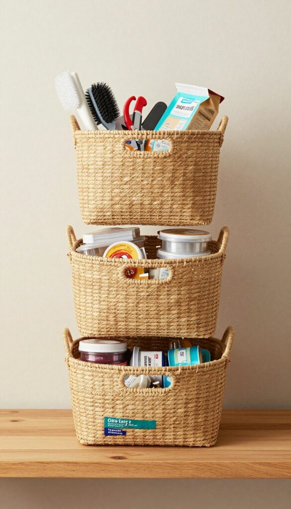 Vertical stack of baskets on a pantry shelf organizing dog food, treats, and grooming tools in bright natural light.