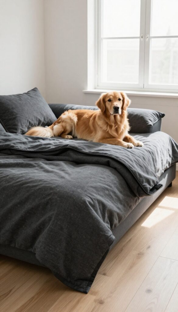 Dog bed with removable machine-washable cover in a bright living room, spare cover nearby.