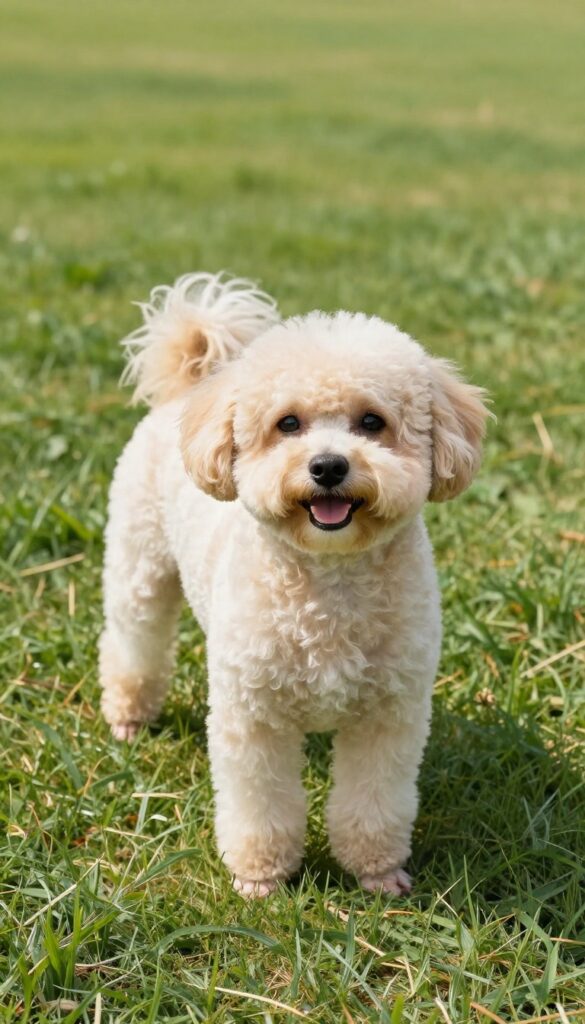 A Poochon dog with a practical summer shave enjoying the outdoors in natural light, showcasing a cute and comfortable grooming style for hot weather.