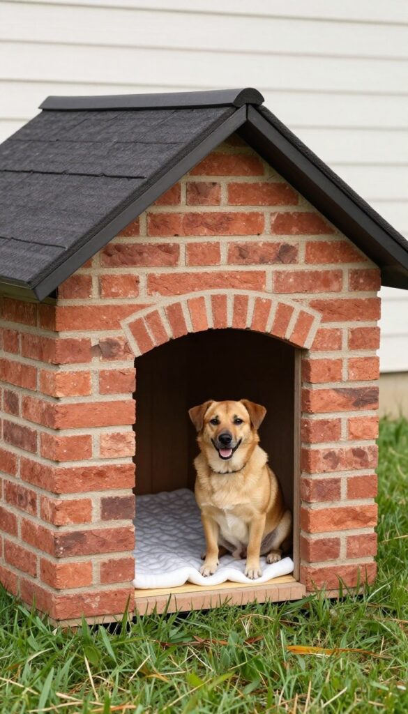 Brick dog house with insulated floor on grass in sunlight