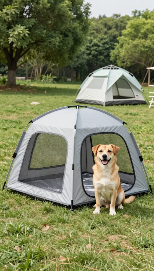 Portable dog house for travel set up on a campsite with a happy dog beside it.