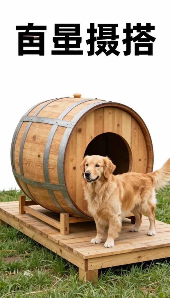 Raised barrel dog house on a wooden platform in a sunny backyard