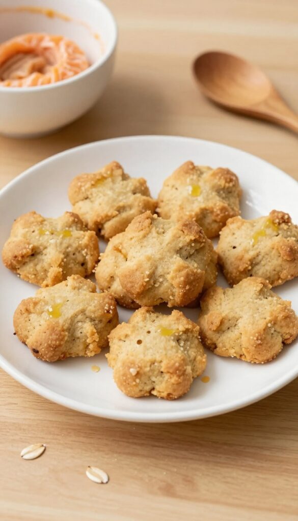 Homemade salmon and oat dog treats on a ceramic plate, with a mixing bowl in the background, showcasing soft, golden-brown bites for itchy skin relief in a clean, natural setting.