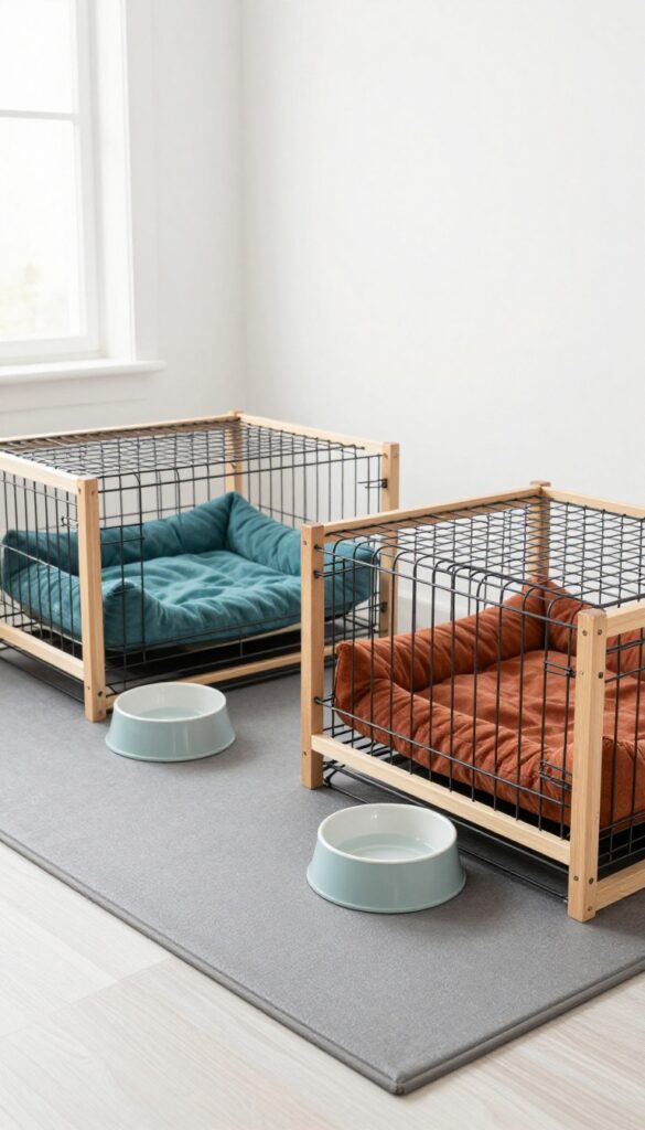 Side-by-side wire dog crates with a shared wooden divider, each with a bed in different colors, on a mat in a bright living room.