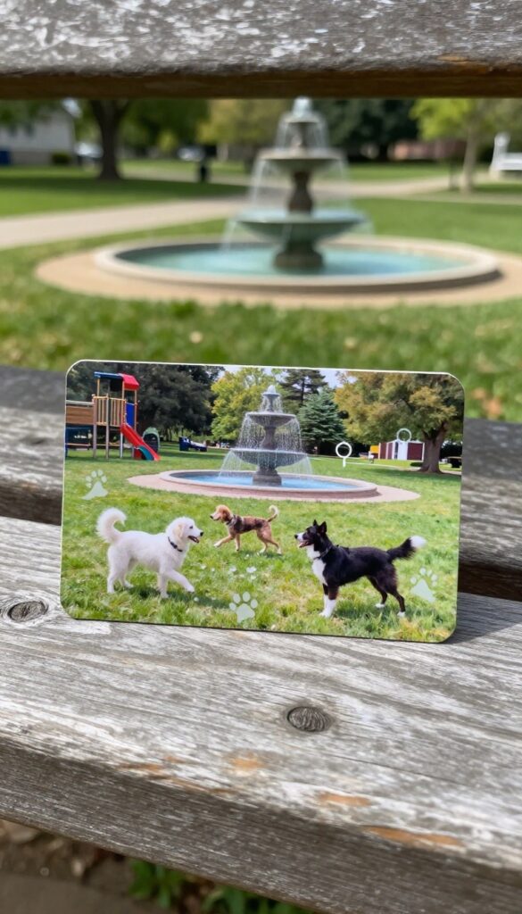 A photorealistic image of a dog grooming business card on a bench in a sunny park with a local landmark in the background.