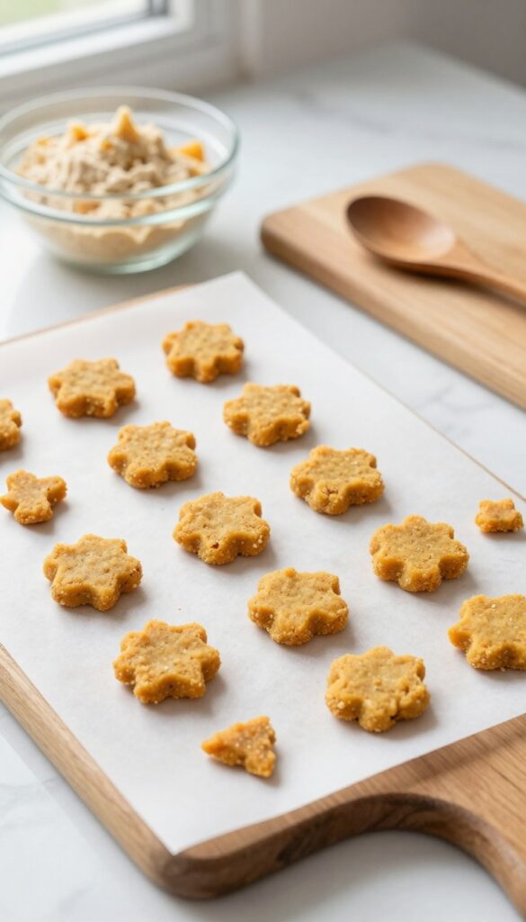 Homemade sweet potato crunch coins for dogs, baked to a golden crisp, arranged on a baking sheet and cutting board with dough in a bowl, in a bright, clean kitchen setting.