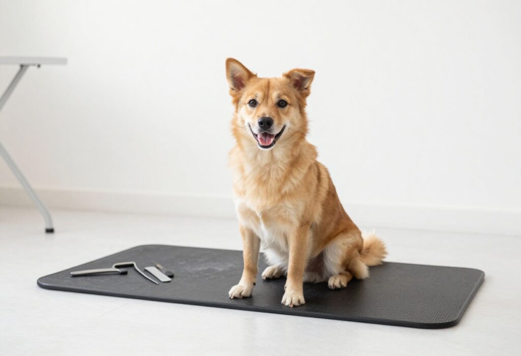 A dog enjoying a mobile grooming session with a portable setup including a foldable table and organized tools in a bright room.