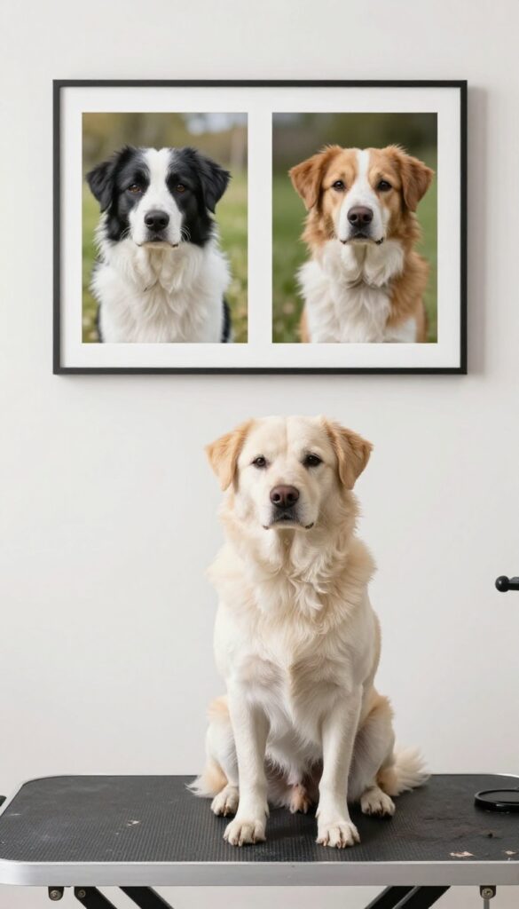 A realistic photo of a dog grooming setup with art on the wall to create a welcoming atmosphere for dogs during grooming sessions.