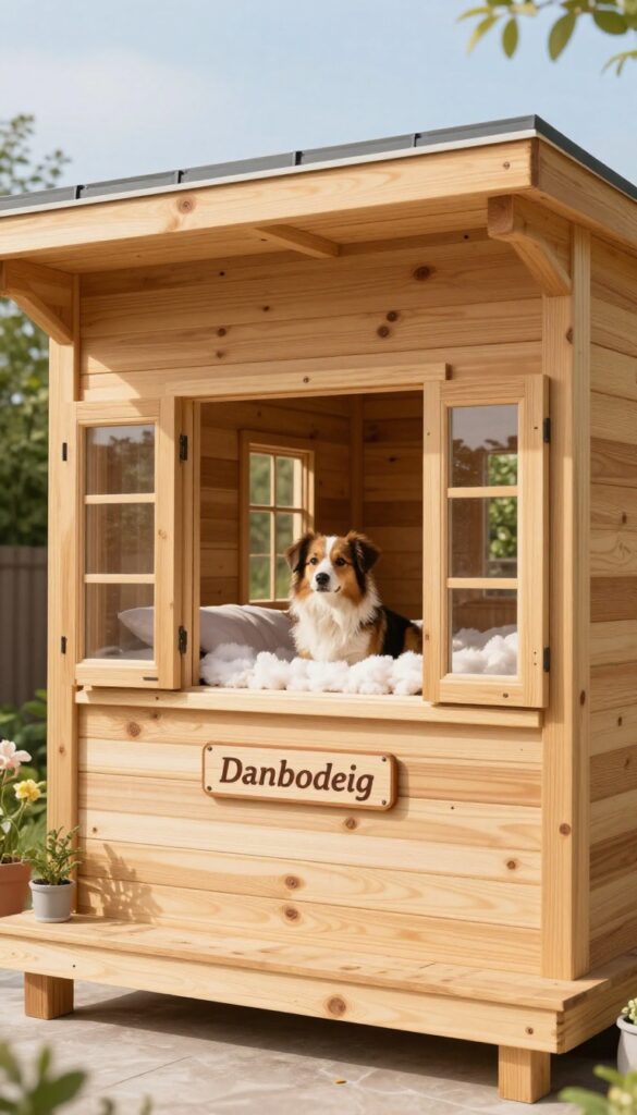 Luxury dog suite with cedar wood, covered porch, windows, skylight, and memory foam bed in a sunny backyard