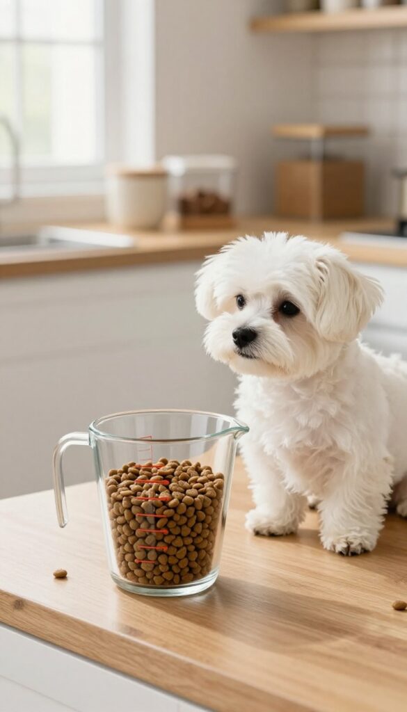 Measuring cup filled with dog kibble on a kitchen counter, with a dog waiting nearby.