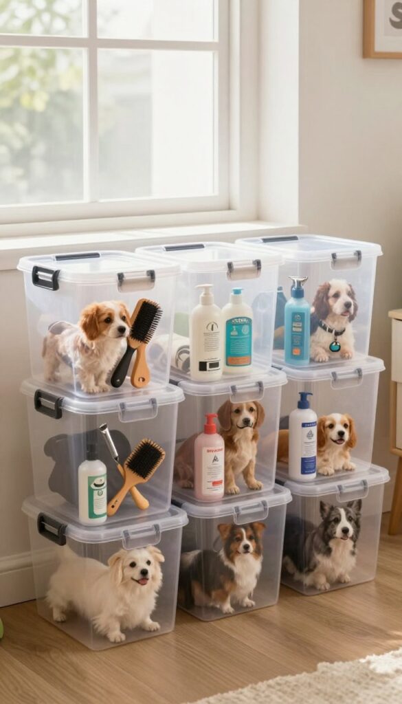 Under-bed storage setup with clear bins holding dog grooming supplies in a neat bedroom.