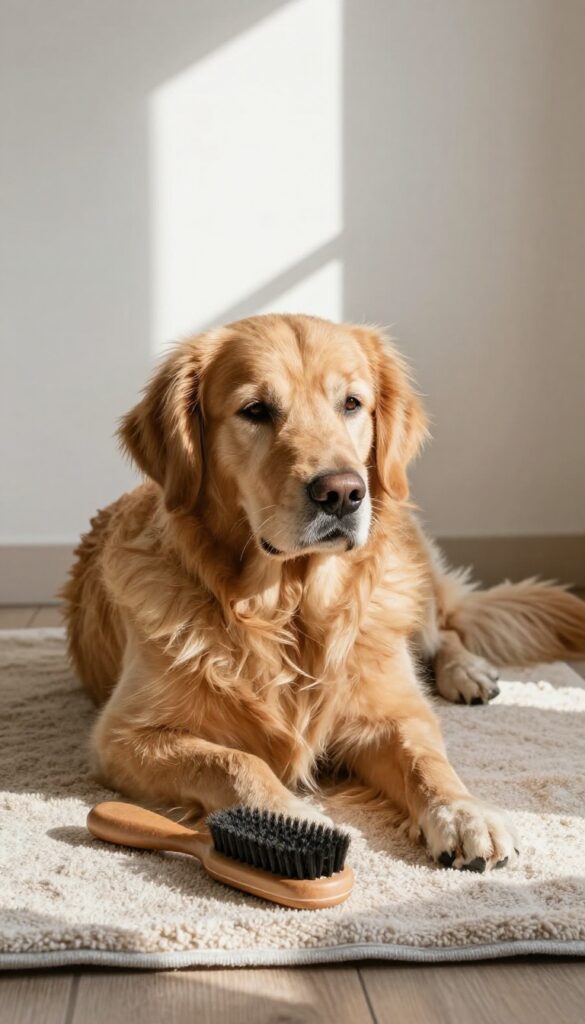 A senior long-haired dog resting comfortably during a gentle grooming session in a bright, quiet home corner.