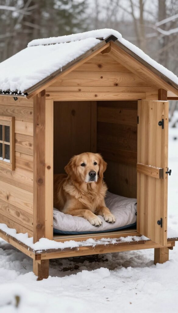 Elevated wooden dog house with raised floor and heated pad underneath, large dog resting inside, snowy winter background.
