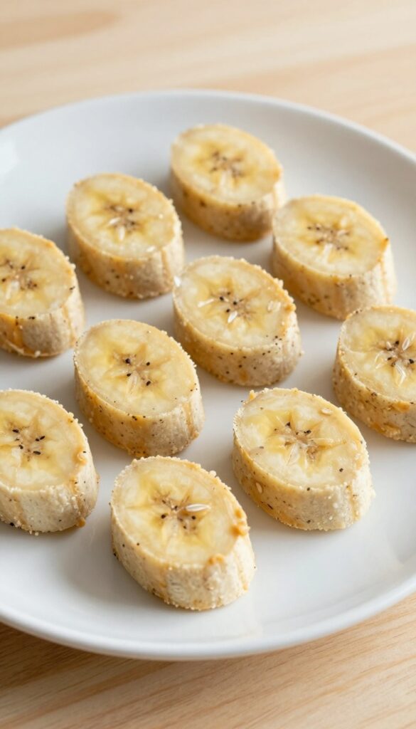 Close-up of homemade banana oat peanut butter dog treats on a plain plate, showing soft texture and natural ingredients in bright light.