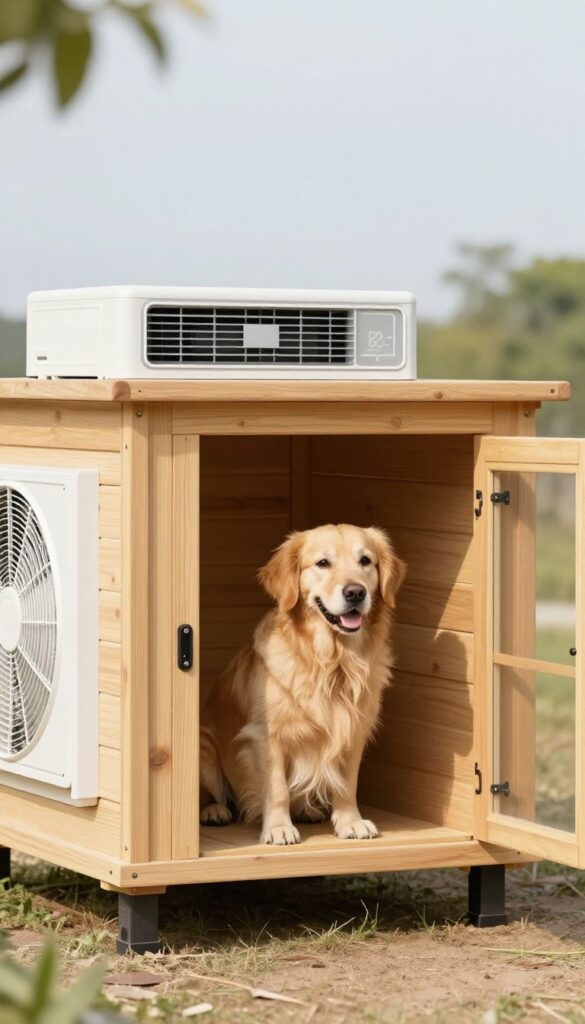 Pre-built air conditioned dog house with a golden retriever inside, set in a sunny backyard.