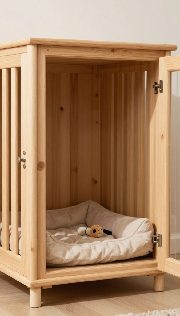 A built-in dog crate inside a closet, providing a hidden and cozy den for the dog.