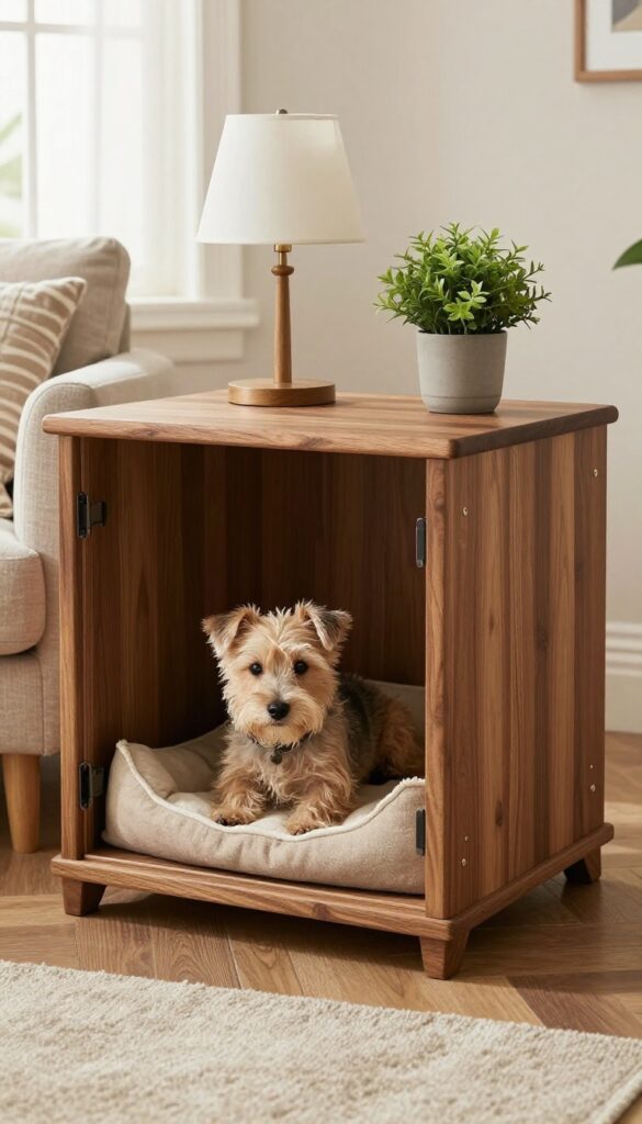 Luxury dog crate end table with sleeping dog and decor