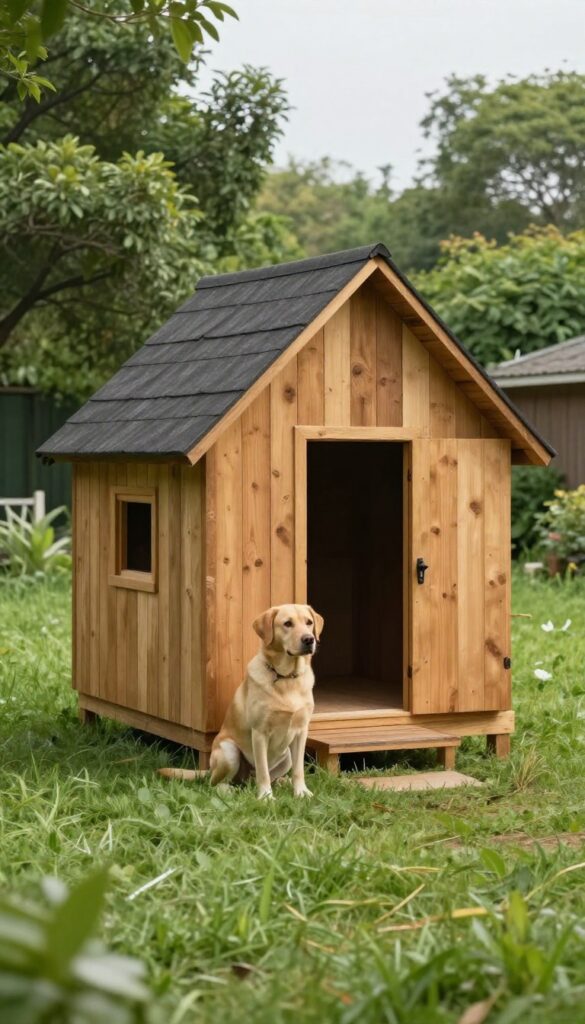 Classic A-frame dog house with pressure-treated base in a sunny backyard with a Labrador Retriever